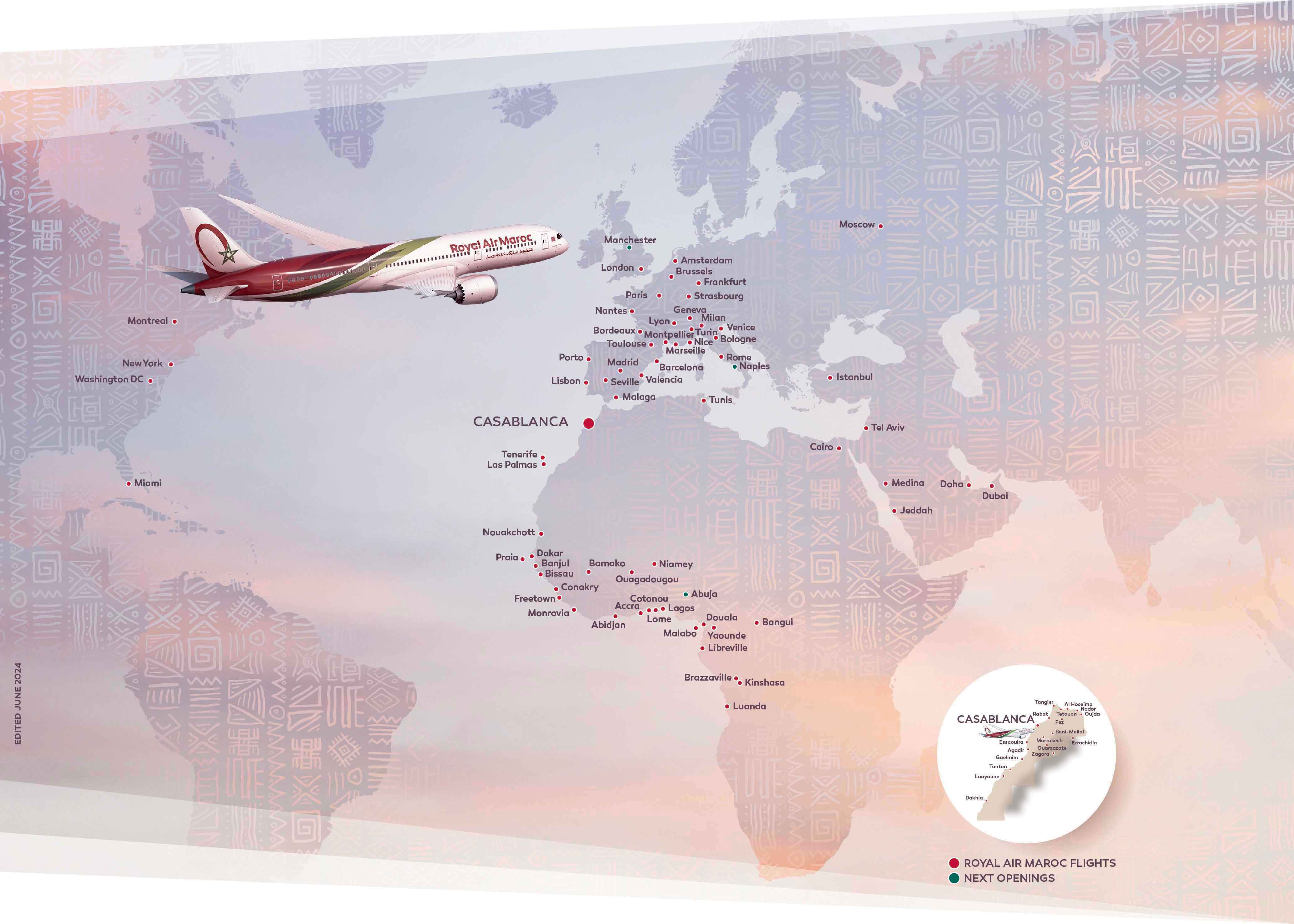 Mapa de la red Royal Air Maroc. Royal Air Maroc tiene vuelos desde Casablanca a los siguientes destinos: Montreal, Nueva York, Washington, Miami, Sao Paulo, Río de Janeiro, Europa y África